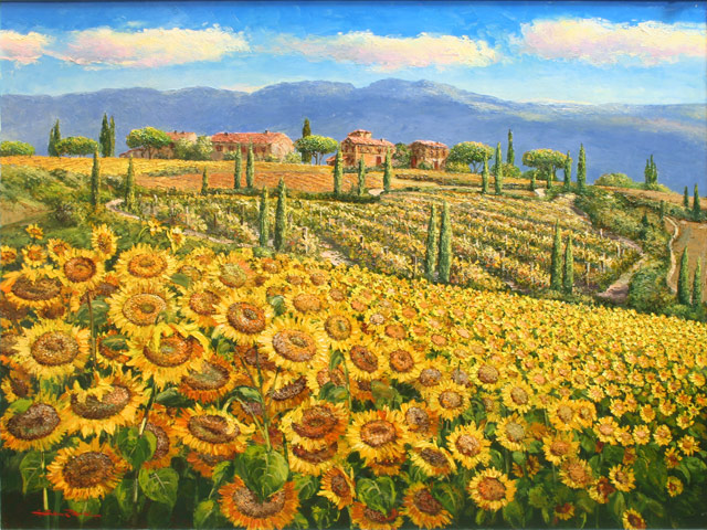 SAM PARK "TUSCANY SUNFLOWERS" ACRYLIC/CANVAS 36" X 47"